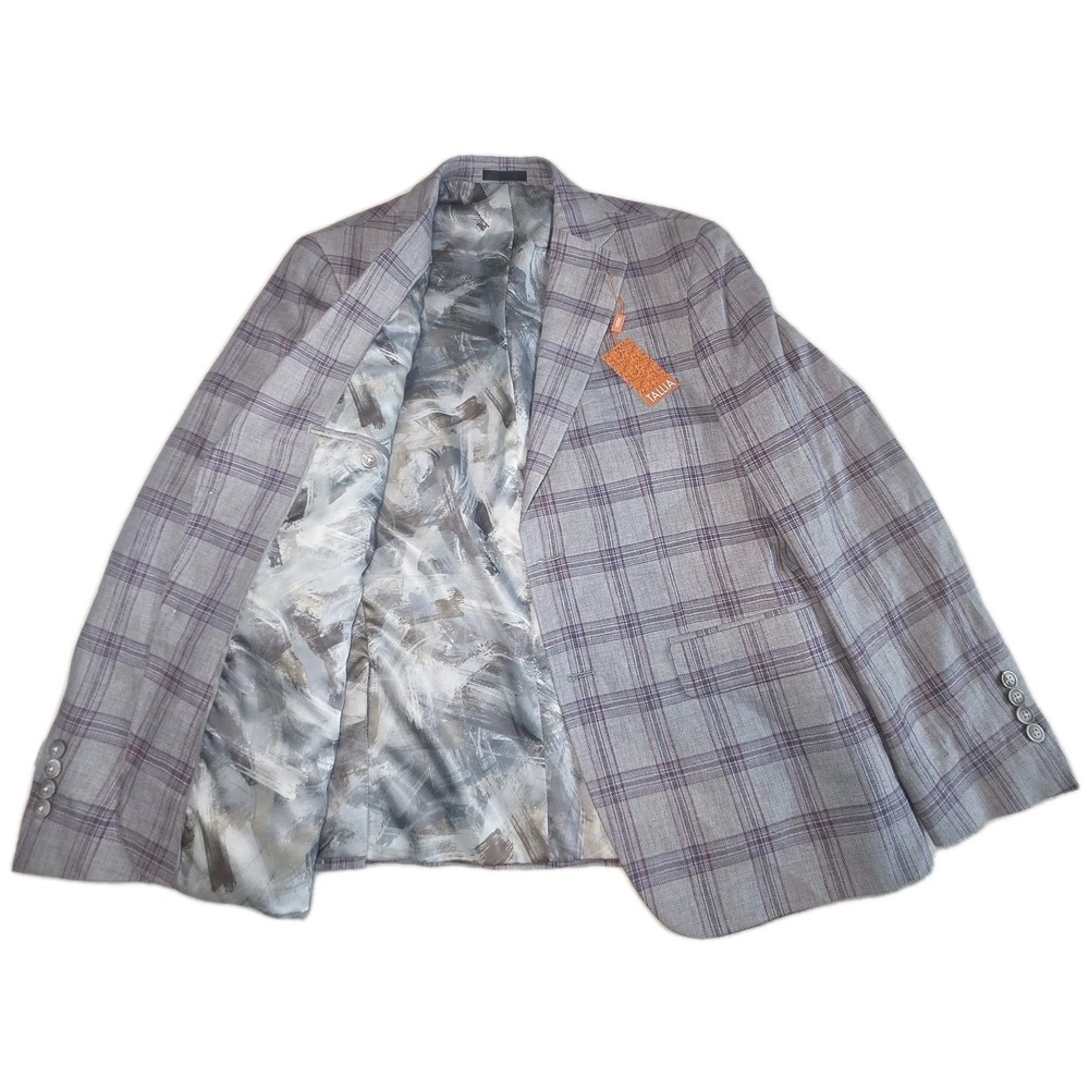 TALLIA Sportscoat Blazer Men 42S Gray Purple Windowpane Linen Lightweight Summer
